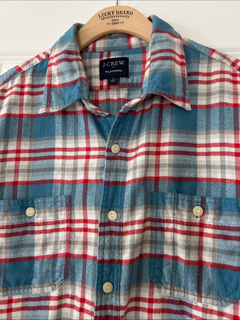 J Crew Flannel Plaid Shirt Sz L w MEASUREMENTS Pen Pocket Blue Red Cream